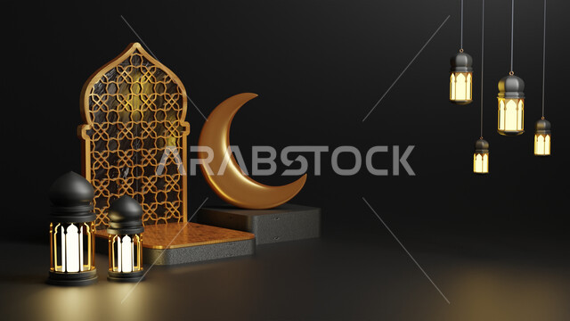 A collection of three-dimensional Ramadan artifacts, Ramadan crescent, Ramadan decorations, occasions and gifts, lighting and decorations, Ramadan decorations and lights, Ramadan background