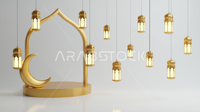 خلفية برواز مع تحف رمضانيه ثلاثية الابعاد , هلال رمضان, زينة شهر رمضان, مناسبات وهدايا، إضاءة وزينة، ديكورات وأنوار رمضانية , خلفية رمضان