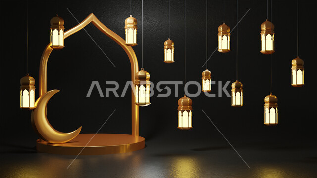 خلفية برواز مع تحف رمضانيه ثلاثية الابعاد , هلال رمضان, زينة شهر رمضان, مناسبات وهدايا، إضاءة وزينة، ديكورات وأنوار رمضانية , خلفية رمضان