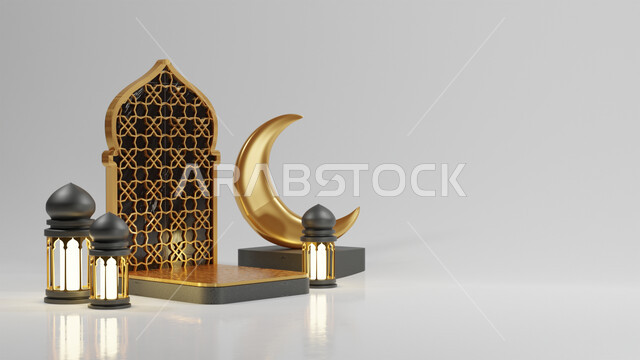 خلفية برواز مع تحف رمضانيه ثلاثية الابعاد , هلال رمضان, زينة شهر رمضان, مناسبات وهدايا، إضاءة وزينة، ديكورات وأنوار رمضانية , خلفية رمضان
