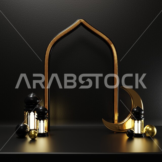 خلفية برواز مع تحف رمضانيه ثلاثية الابعاد , هلال رمضان, زينة شهر رمضان, مناسبات وهدايا، إضاءة وزينة، ديكورات وأنوار رمضانية , خلفية رمضان