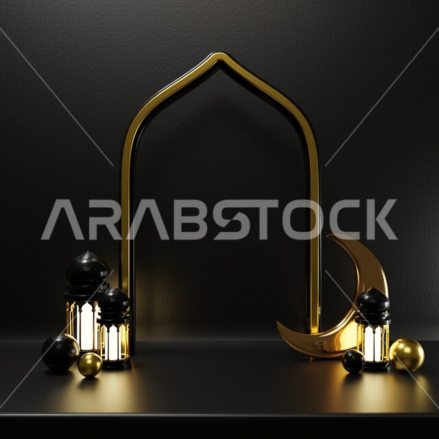 Frame background with three-dimensional Ramadan artifacts, Ramadan crescent, Ramadan decorations, occasions and gifts, lighting and decorations, Ramadan decorations and lights, Ramadan background