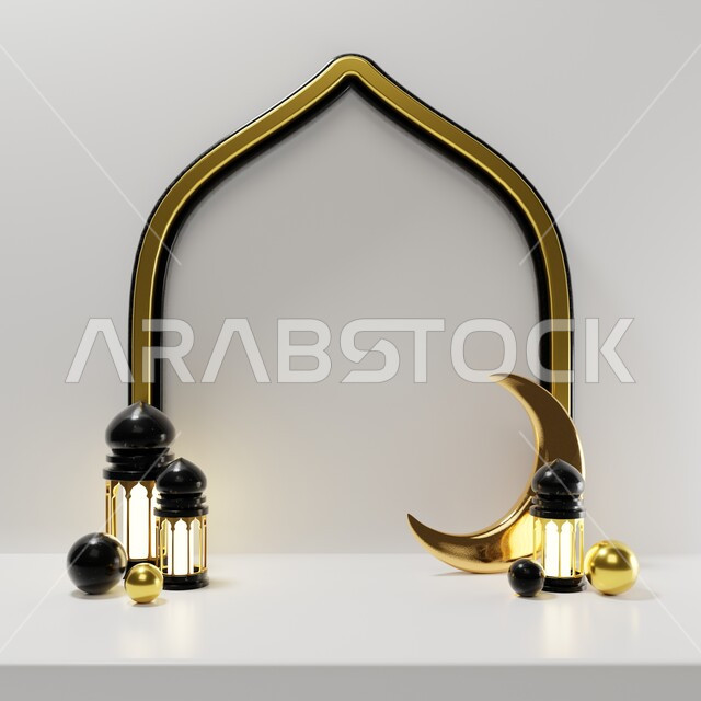 خلفية برواز مع تحف رمضانيه ثلاثية الابعاد , هلال رمضان, زينة شهر رمضان, مناسبات وهدايا، إضاءة وزينة، ديكورات وأنوار رمضانية , خلفية رمضان