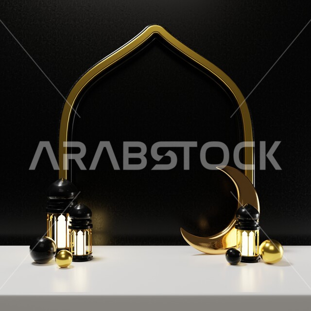 Frame background with three-dimensional Ramadan artifacts, Ramadan crescent, Ramadan decorations, occasions and gifts, lighting and decorations, Ramadan decorations and lights, Ramadan background