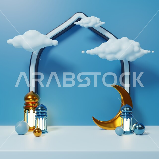 خلفية برواز مع تحف رمضانيه ثلاثية الابعاد , هلال رمضان, زينة شهر رمضان, مناسبات وهدايا، إضاءة وزينة، ديكورات وأنوار رمضانية , خلفية رمضان