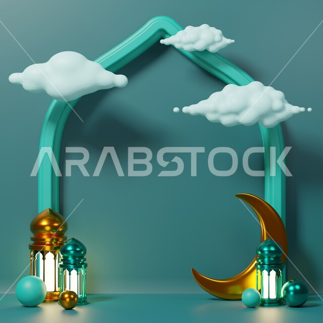 خلفية برواز مع تحف رمضانيه ثلاثية الابعاد , هلال رمضان, زينة شهر رمضان, مناسبات وهدايا، إضاءة وزينة، ديكورات وأنوار رمضانية , خلفية رمضان