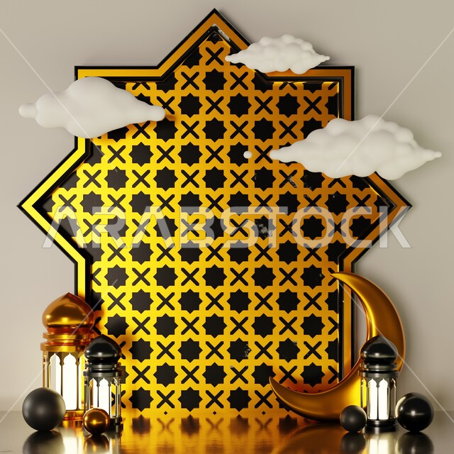 خلفية برواز مع تحف رمضانيه ثلاثية الابعاد , هلال رمضان, زينة شهر رمضان, مناسبات وهدايا، إضاءة وزينة، ديكورات وأنوار رمضانية , خلفية رمضان