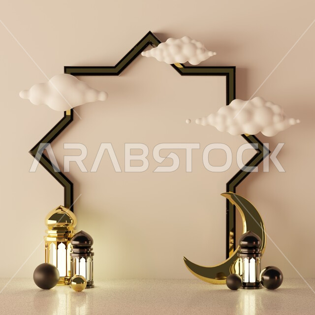 Frame background with three-dimensional Ramadan artifacts, Ramadan crescent, Ramadan decorations, occasions and gifts, lighting and decorations, Ramadan decorations and lights, Ramadan background