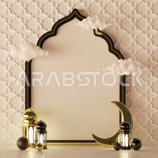 Frame background with three-dimensional Ramadan artifacts, Ramadan crescent, Ramadan decorations, occasions and gifts, lighting and decorations, Ramadan decorations and lights, Ramadan background