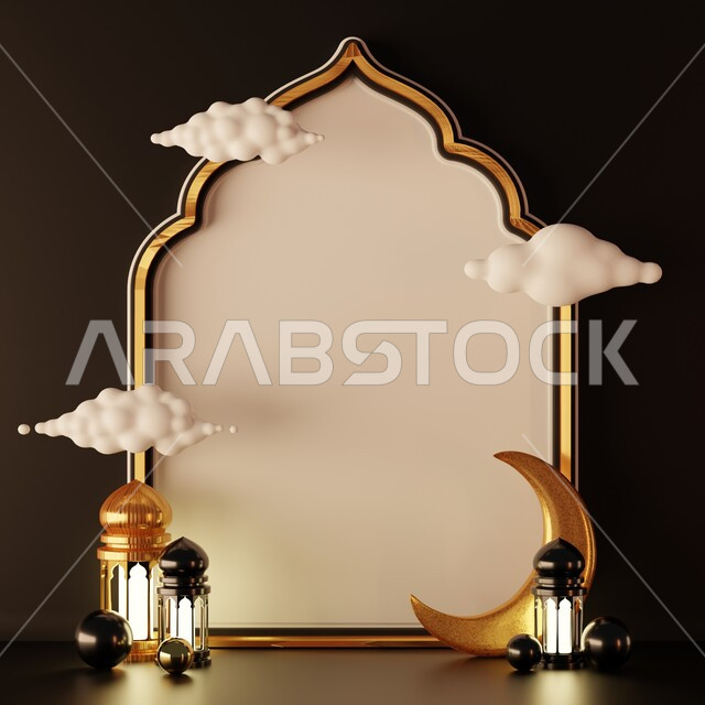 خلفية برواز مع تحف رمضانيه ثلاثية الابعاد , هلال رمضان, زينة شهر رمضان, مناسبات وهدايا، إضاءة وزينة، ديكورات وأنوار رمضانية , خلفية رمضان