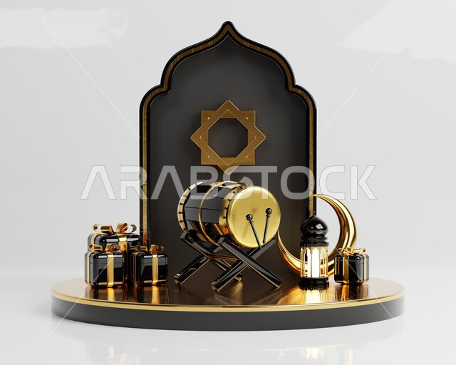 Frame background with three-dimensional Ramadan artifacts, Ramadan crescent, Ramadan decorations, occasions and gifts, lighting and decorations, Ramadan decorations and lights, Ramadan background