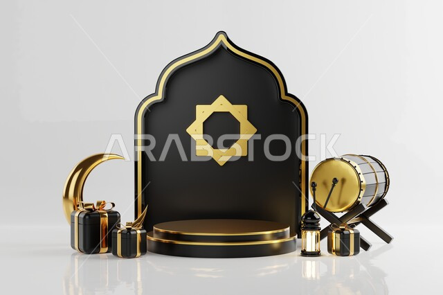 خلفية برواز مع تحف رمضانيه ثلاثية الابعاد , هلال رمضان, زينة شهر رمضان, مناسبات وهدايا، إضاءة وزينة، ديكورات وأنوار رمضانية , خلفية رمضان