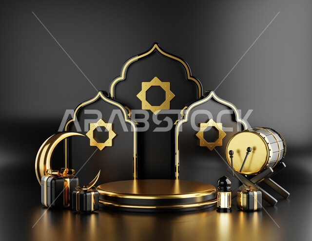 خلفية برواز مع تحف رمضانيه ثلاثية الابعاد , هلال رمضان, زينة شهر رمضان, مناسبات وهدايا، إضاءة وزينة، ديكورات وأنوار رمضانية , خلفية رمضان