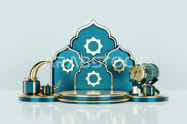 خلفية برواز مع تحف رمضانيه ثلاثية الابعاد , هلال رمضان, زينة شهر رمضان, مناسبات وهدايا، إضاءة وزينة، ديكورات وأنوار رمضانية , خلفية رمضان