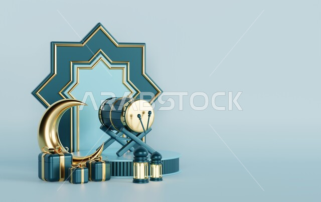 خلفية برواز مع تحف رمضانيه ثلاثية الابعاد , هلال رمضان, زينة شهر رمضان, مناسبات وهدايا، إضاءة وزينة، ديكورات وأنوار رمضانية , خلفية رمضان