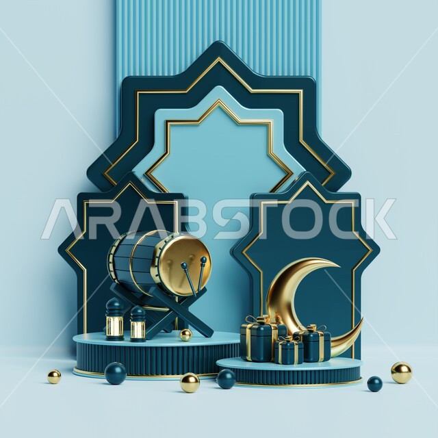 خلفية برواز مع تحف رمضانيه ثلاثية الابعاد , هلال رمضان, زينة شهر رمضان, مناسبات وهدايا، إضاءة وزينة، ديكورات وأنوار رمضانية , خلفية رمضان