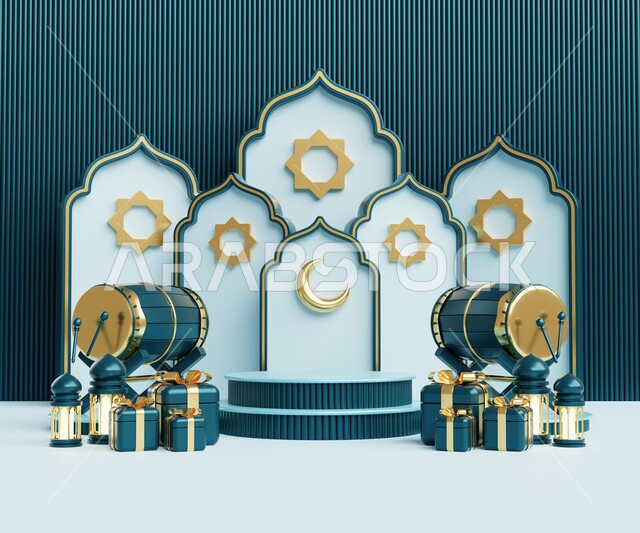 Frame background with three-dimensional Ramadan artifacts, Ramadan crescent, Ramadan decorations, occasions and gifts, lighting and decorations, Ramadan decorations and lights, Ramadan background