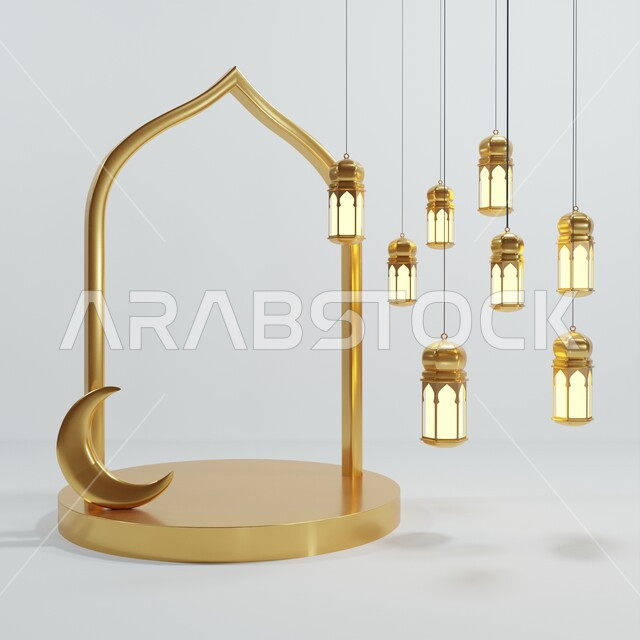 برواز ذهبي مع فوانيس رمضانيه ثلاثية الابعاد , هلال رمضان, زينة شهر رمضان, مناسبات و اعياد دينية ، إضاءه وزينة، ديكور رمضاني , خلفية بيضاء