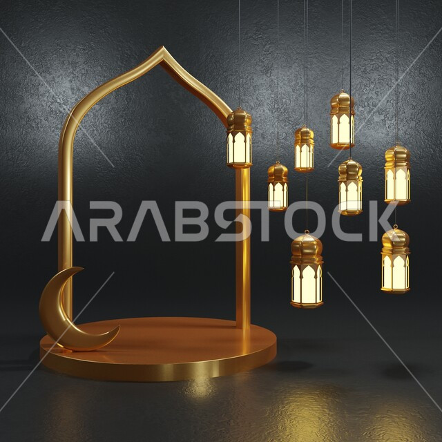 Golden frame with three -dimensional Ramadan lanterns, the crescent of Ramadan, the adornment of the month of Ramadan, events and religious holidays, lighting and decorations, Ramadan decor, Ramadan background