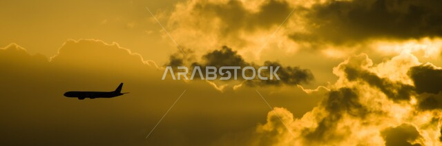 صوره ظليه لطائره تحلق في السماء, منظر غروب الشمس, السماء الصفراء, خلفية الطبيعه