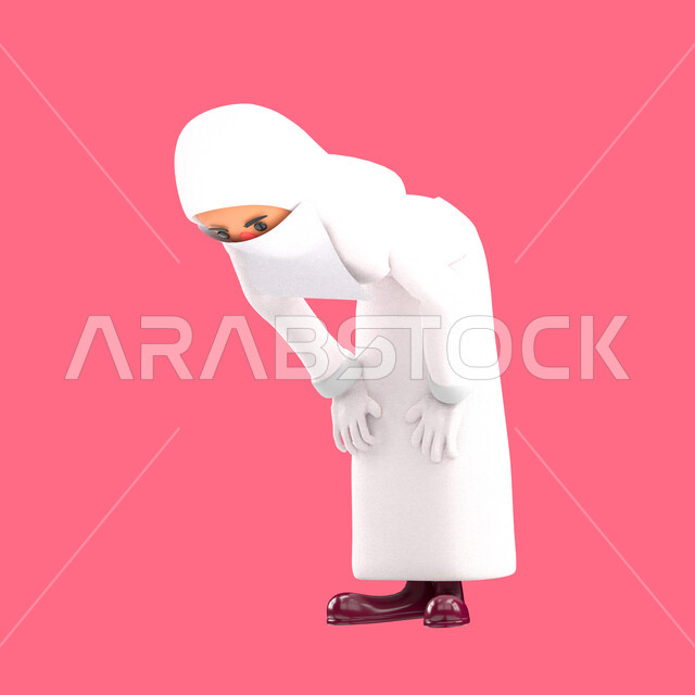بورتريه رسم توضيحي ثلاثي الابعاد لإمرأه مسلمه منقبه ترتدي الحجاب والعباءه البيضاء تقوم بآداء الصلاه, أركان الإسلام , الصلاة في وقتها , العبادة والتقرب الى الله , خلفية ورديه