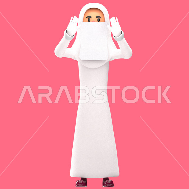 بورتريه رسم توضيحي ثلاثي الابعاد لإمرأه مسلمه منقبه ترتدي الحجاب والعباءه البيضاء تقوم بآداء الصلاه, أركان الإسلام , الصلاة في وقتها , العبادة والتقرب الى الله , خلفية ورديه