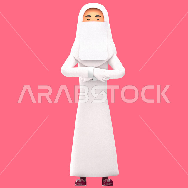 Portrait of a three-dimensional illustration of a veiled Muslim woman wearing a hijab and a white abaya performing prayer, the pillars of Islam, prayer on time, worship and closeness to God, a pink background