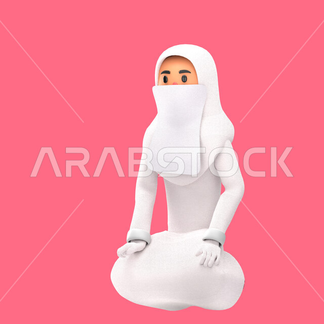بورتريه رسم توضيحي ثلاثي الابعاد لإمرأه مسلمه منقبه ترتدي الحجاب والعباءه البيضاء تقوم بآداء الصلاه, أركان الإسلام , الصلاة في وقتها , العبادة والتقرب الى الله , خلفية ورديه