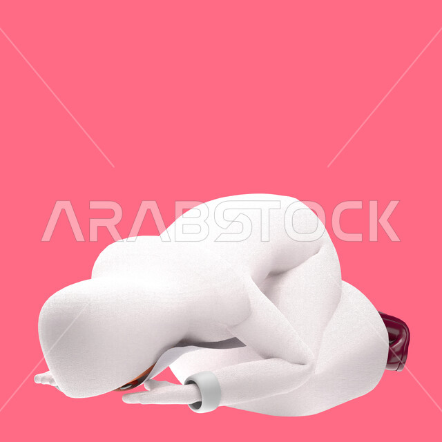 بورتريه رسم توضيحي ثلاثي الابعاد لإمرأه مسلمه منقبه ترتدي الحجاب والعباءه البيضاء تقوم بآداء الصلاه, أركان الإسلام , الصلاة في وقتها , العبادة والتقرب الى الله , خلفية ورديه