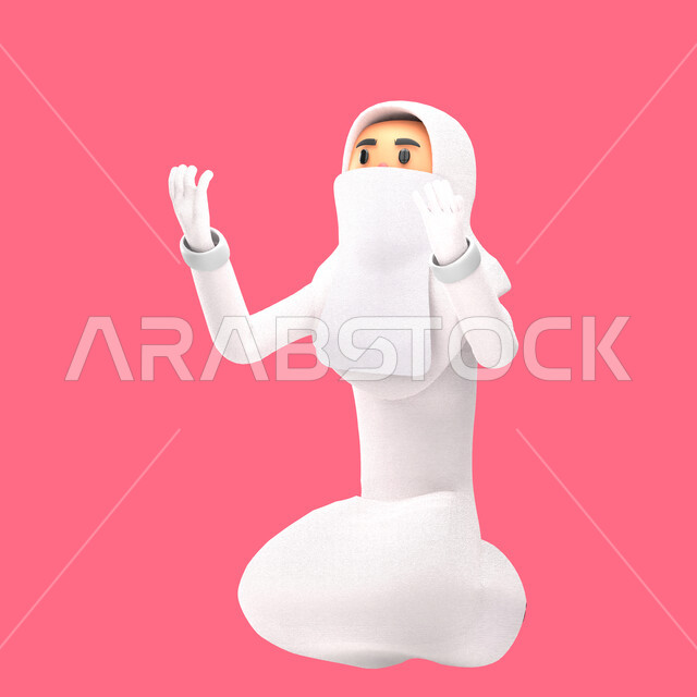 بورتريه رسم توضيحي ثلاثي الابعاد لإمرأه مسلمه منقبه ترتدي الحجاب والعباءه البيضاء تقوم بآداء الصلاه, أركان الإسلام , الصلاة في وقتها , العبادة والتقرب الى الله , خلفية ورديه