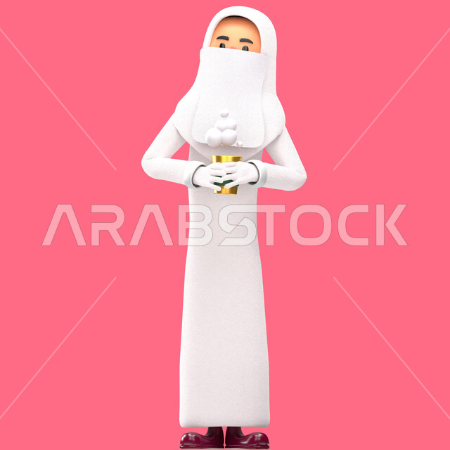 Portrait of a three-dimensional illustration of a veiled Muslim woman wearing a hijab and a white abaya, holding an incense burner, perfume, oud and incense, a pink background