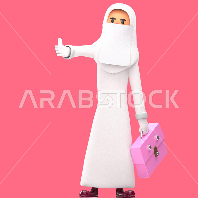Portrait of a three-dimensional illustration of a veiled Muslim woman wearing a hijab and a white abaya, holding a school bag in her hand, thumbs up, hand gestures indicating consent and acceptance, sign of quality, pink background