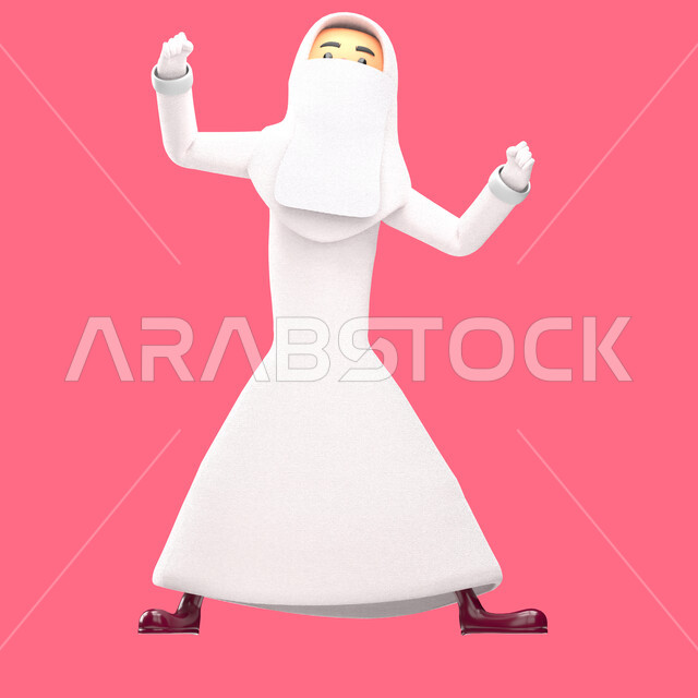 Portrait of a three-dimensional illustration of a veiled Muslim woman wearing a hijab and a white abaya, raising hands upwards, gestures indicating happiness, pleasure and success, dancing and entertainment, pink background