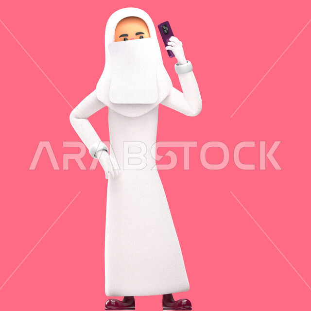 بورتريه رسم توضيحي ثلاثي الابعاد لإمرأه مسلمه منقبه ترتدي الحجاب والعباءه البيضاء, تحمل بيدها الهاتف المحمول, اجراء مكالمه هاتفيه, دردشه ومحادثات, تعارف وصداقات, خلفية ورديه