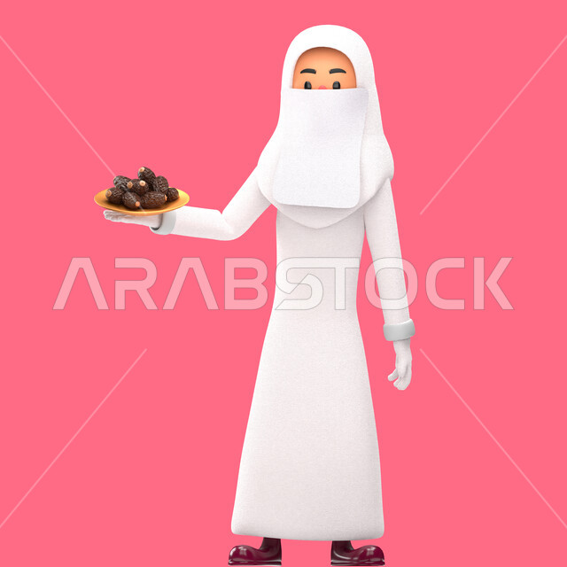 بورتريه رسم توضيحي ثلاثي الابعاد لإمرأه مسلمه منقبه ترتدي الحجاب والعباءه البيضاء, تحمل بيدها طبق من التمر, الضيافه العربيه, إكرام الضيف,ثمار التمر والبلح, خلفية ورديه