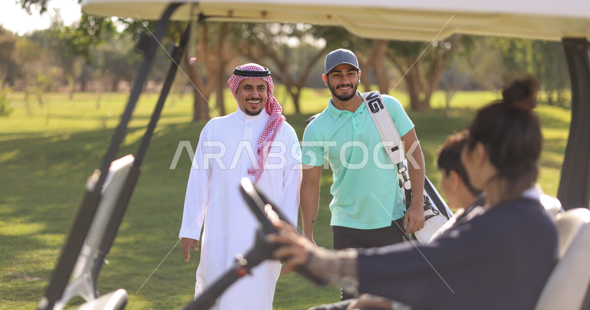 A Saudi Arab Gulf family in the golf course, playing golf on large green areas, sports