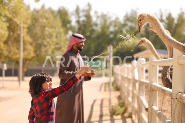 رجل عربي خليجي سعودي يقضي أوقات ممتعة مع إبنه في حديقة الحيوانات في المملكة العربية السعودية، أماكن سياحية ترفيهية بالسعودية، حيوانات برية في المحمية الطبيعية، فعالية سفاري موسم الرياض، فعاليات ترفيهية عائلية