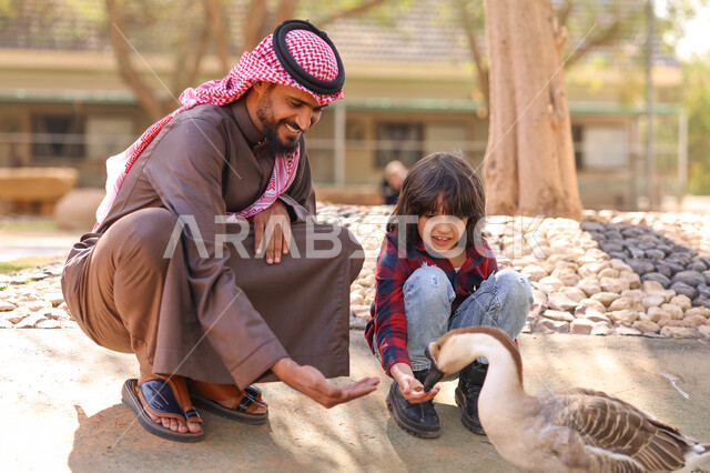 رجل عربي خليجي سعودي يقضي أوقات ممتعة مع إبنه في حديقة الحيوانات في المملكة العربية السعودية، أماكن سياحية ترفيهية بالسعودية، حيوانات برية في المحمية الطبيعية، فعالية سفاري موسم الرياض، فعاليات ترفيهية عائلية