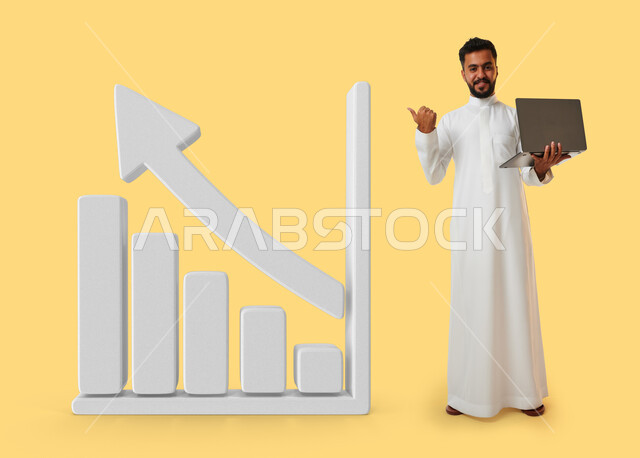 A Saudi Gulf Arab man using a laptop, completing work tasks, surfing the Internet, working remotely, e-marketing, graphics, the stock market, using electronic devices.