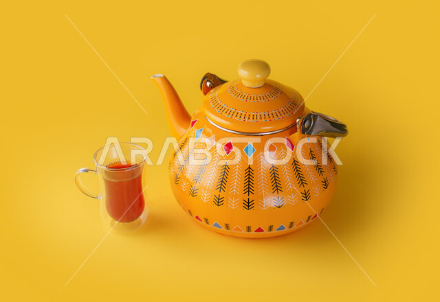إبريق شاي اصفر اللون مع اكواب الشاي، المشروبات الساخنة، تقديم الشاي، الضيافة العربية، خلفية صفراء