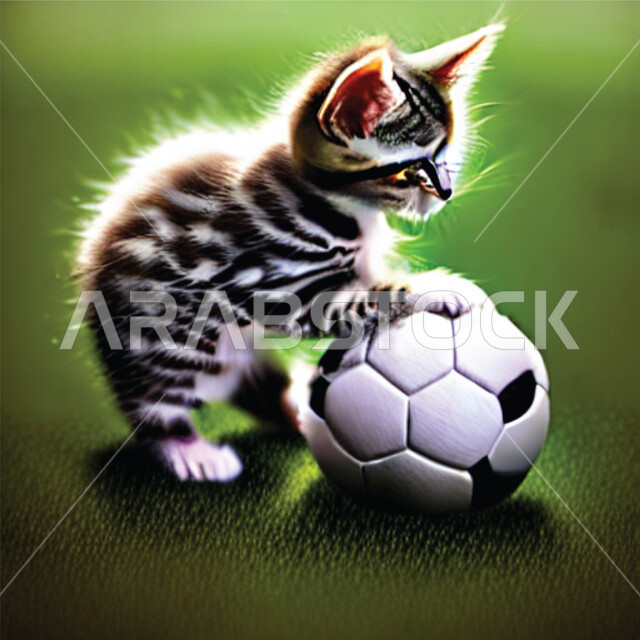 3D image of a pet cat standing on soccer ball, green grass field, pets, green grass, soccer ball, green background