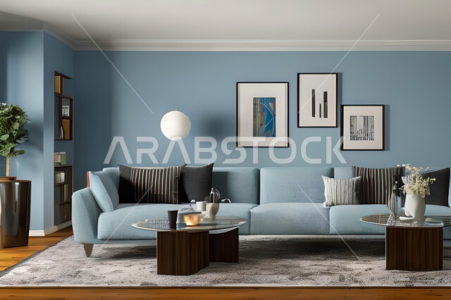 غرفة معيشة بتصاميم عصرية وجذابة، ديكورات رائعة، أثاث منزلي راقي، تصاميم عصرية فاخرة، شقق سكنية راقية، شقق سكنية سياحية، جدران باللون الازرق