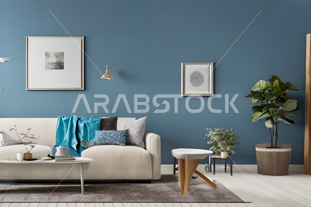 Living room with modern and attractive designs, exquisite decorations, elegant home furniture, luxurious modern designs, elegant residential apartments, tourist apartments, blue walls