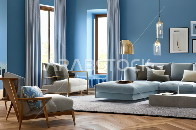 غرفة معيشة بتصاميم عصرية وجذابة، ديكورات رائعة، أثاث منزلي راقي، تصاميم عصرية فاخرة، شقق سكنية راقية، شقق سكنية سياحية، جدران باللون الازرق