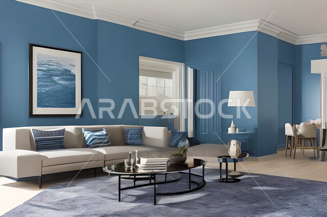 غرفة معيشة بتصاميم عصرية وجذابة، ديكورات رائعة، أثاث منزلي راقي، تصاميم عصرية فاخرة، شقق سكنية راقية، شقق سكنية سياحية، جدران باللون الازرق