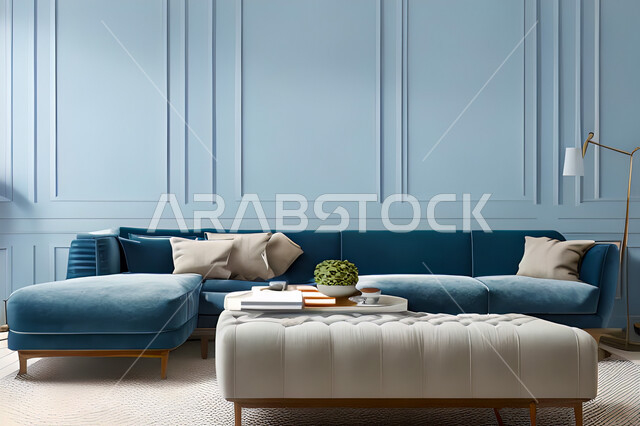 غرفة معيشة بتصاميم عصرية وجذابة، ديكورات رائعة، أثاث منزلي راقي، تصاميم عصرية فاخرة، شقق سكنية راقية، شقق سكنية سياحية، جدران باللون الازرق