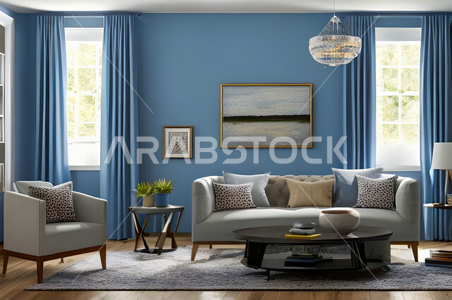 غرفة معيشة بتصاميم عصرية وجذابة، ديكورات رائعة، أثاث منزلي راقي، تصاميم عصرية فاخرة، شقق سكنية راقية، شقق سكنية سياحية، جدران باللون الازرق