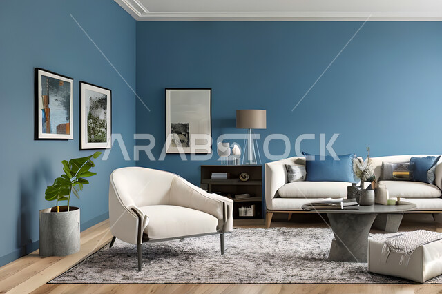 غرفة معيشة بتصاميم عصرية وجذابة، ديكورات رائعة، أثاث منزلي راقي، تصاميم عصرية فاخرة، شقق سكنية راقية، شقق سكنية سياحية، جدران باللون الازرق