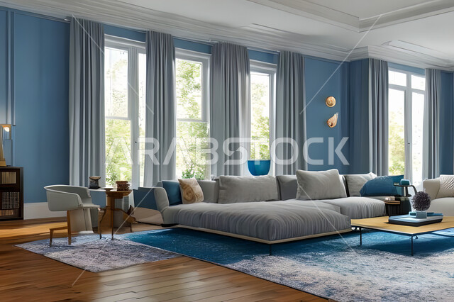 غرفة معيشة بتصاميم عصرية وجذابة، ديكورات رائعة، أثاث منزلي راقي، تصاميم عصرية فاخرة، شقق سكنية راقية، شقق سكنية سياحية، جدران باللون الازرق