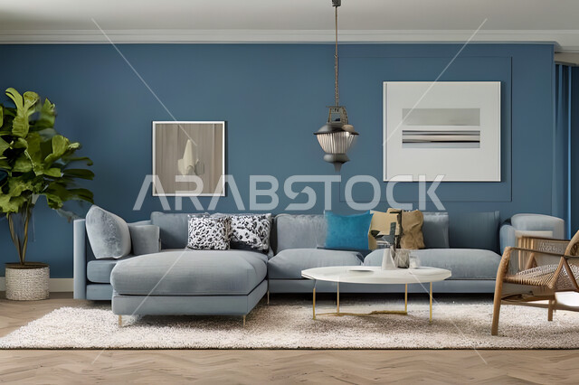 غرفة معيشة بتصاميم عصرية وجذابة، ديكورات رائعة، أثاث منزلي راقي، تصاميم عصرية فاخرة، شقق سكنية راقية، شقق سكنية سياحية، جدران باللون الازرق